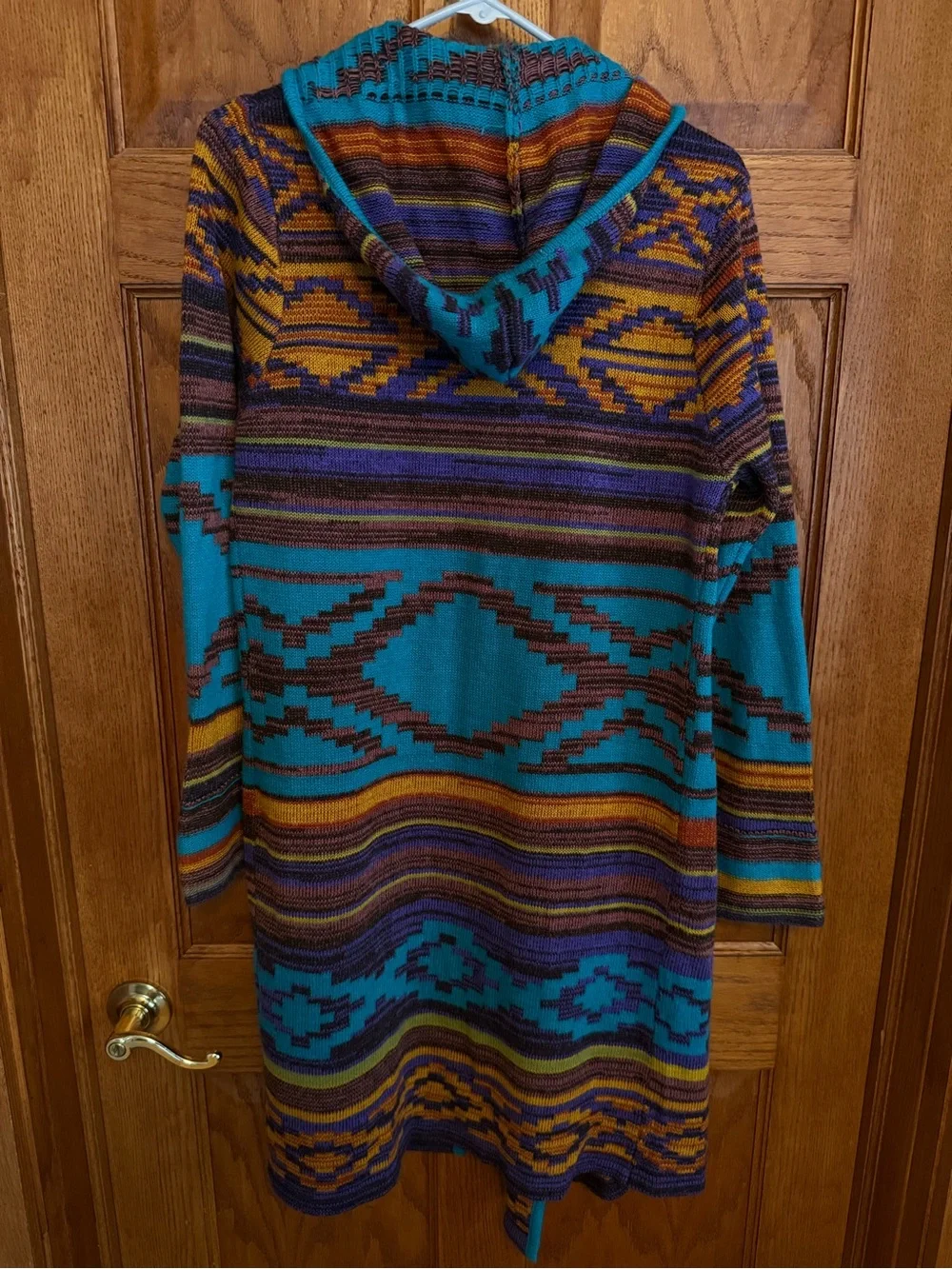 Aztec Hooded Open-Front Cardigan in Teal & Purple